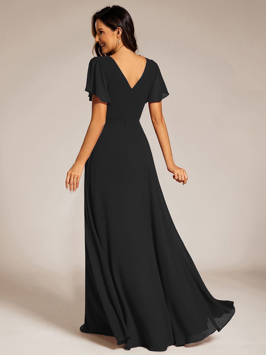 Pleated A-Line Chiffon Evening Dress with Short Sleeves and Sequin Waist #color_Black