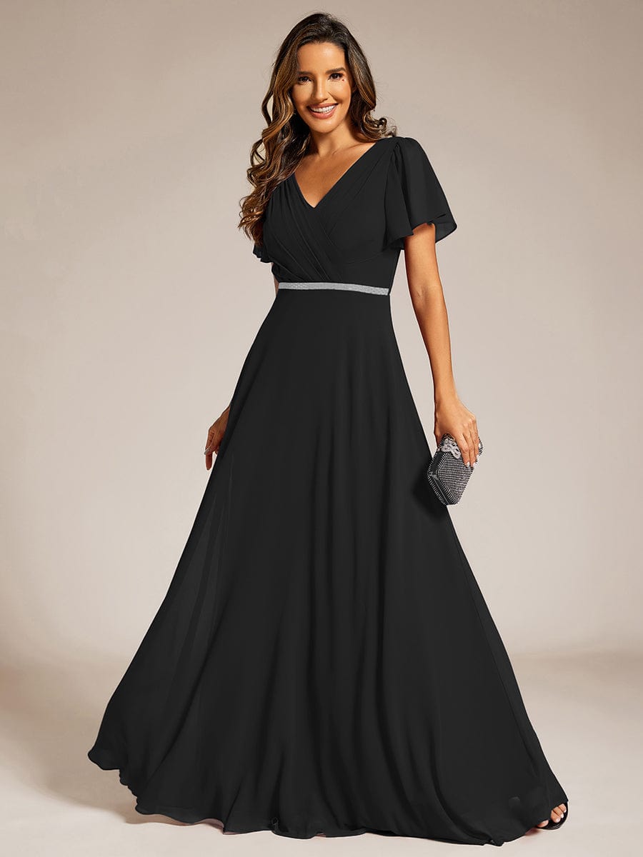 Pleated A-Line Chiffon Evening Dress with Short Sleeves and Sequin Waist #color_Black