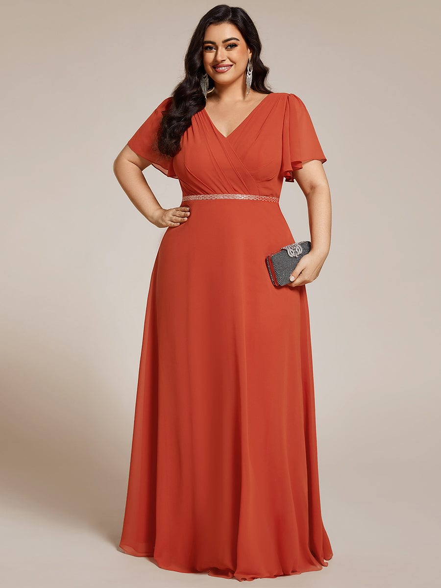 Pleated A-Line Chiffon Evening Dress with Short Sleeves and Sequin Waist #color_Burnt Orange