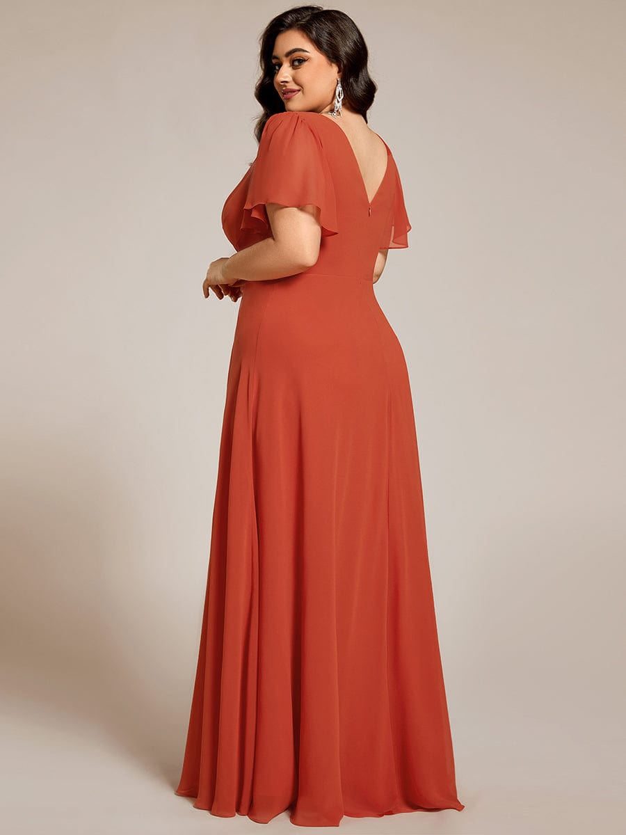 Pleated A-Line Chiffon Evening Dress with Short Sleeves and Sequin Waist #color_Burnt Orange