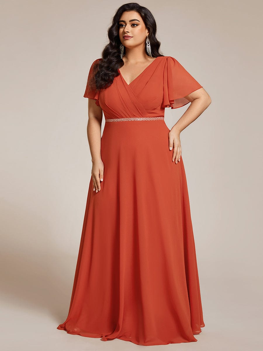 Pleated A-Line Chiffon Evening Dress with Short Sleeves and Sequin Waist #color_Burnt Orange