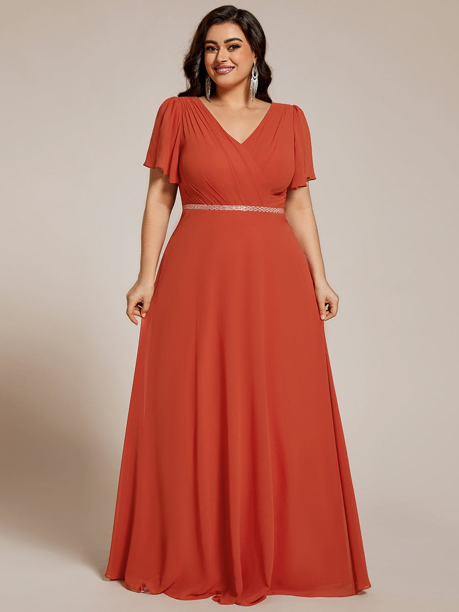 Pleated A-Line Chiffon Evening Dress with Short Sleeves and Sequin Waist #color_Burnt Orange