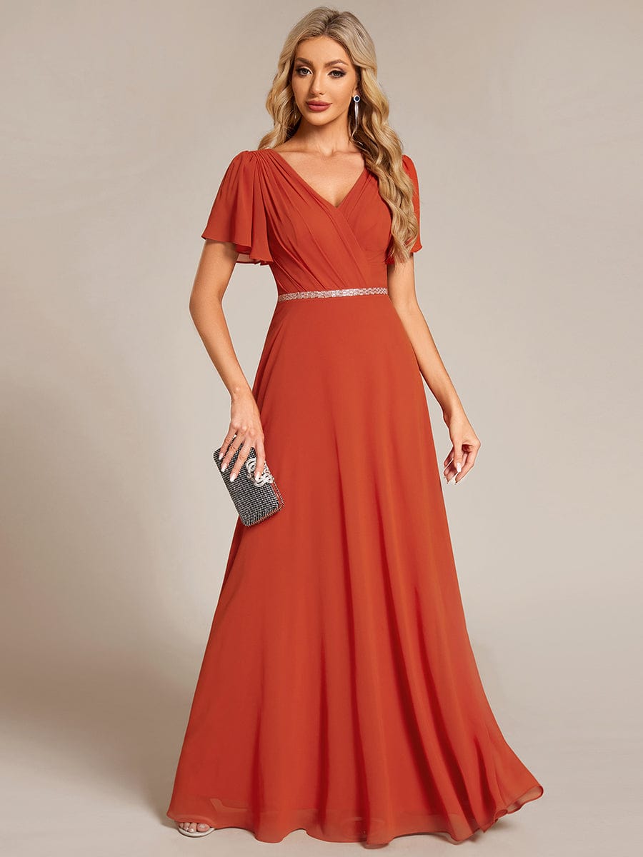 Pleated A-Line Chiffon Evening Dress with Short Sleeves and Sequin Waist #color_Burnt Orange