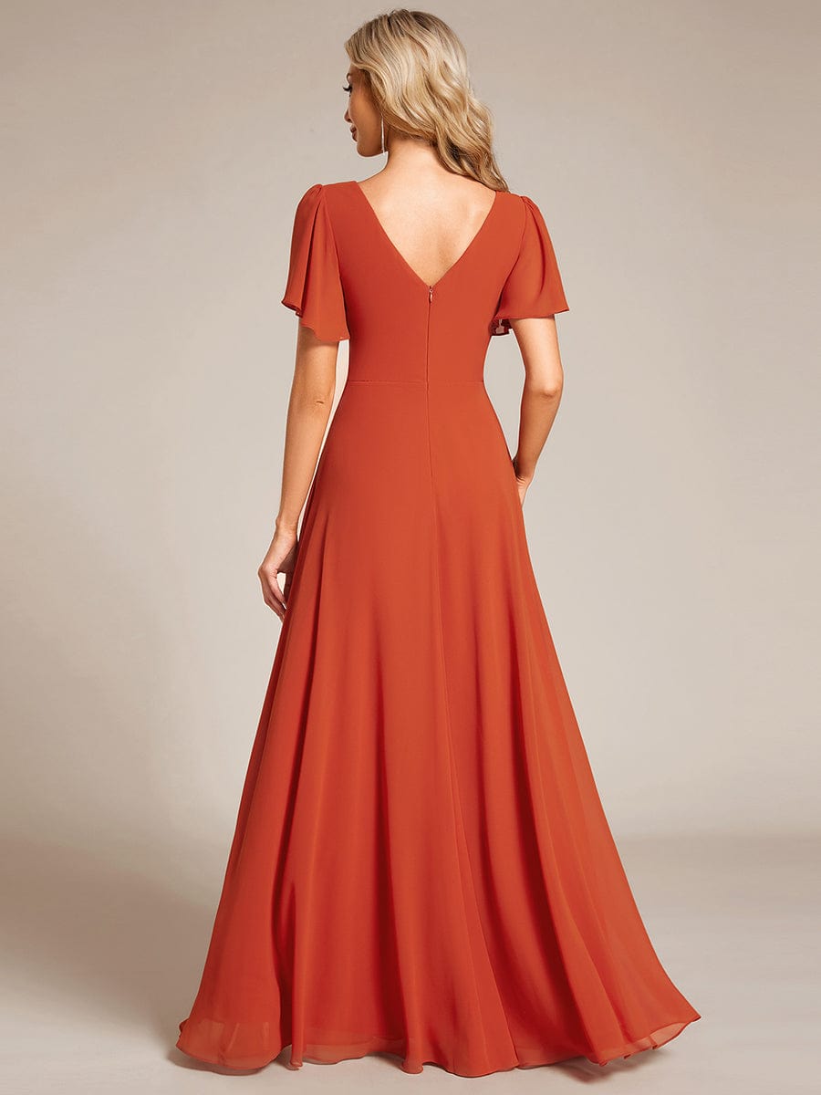 Pleated A-Line Chiffon Evening Dress with Short Sleeves and Sequin Waist #color_Burnt Orange