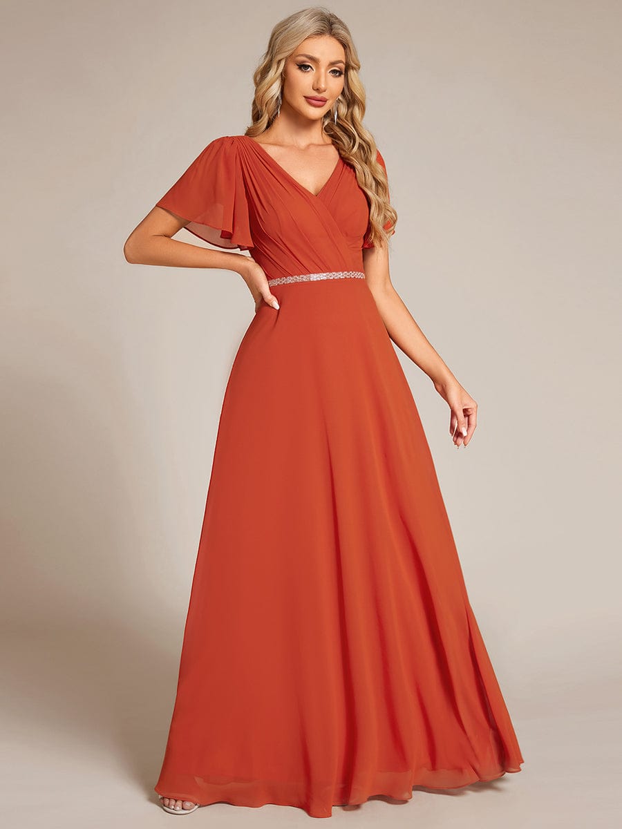 Pleated A-Line Chiffon Evening Dress with Short Sleeves and Sequin Waist #color_Burnt Orange