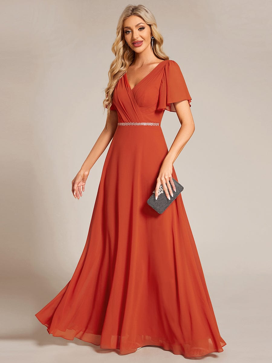 Pleated A-Line Chiffon Evening Dress with Short Sleeves and Sequin Waist #color_Burnt Orange