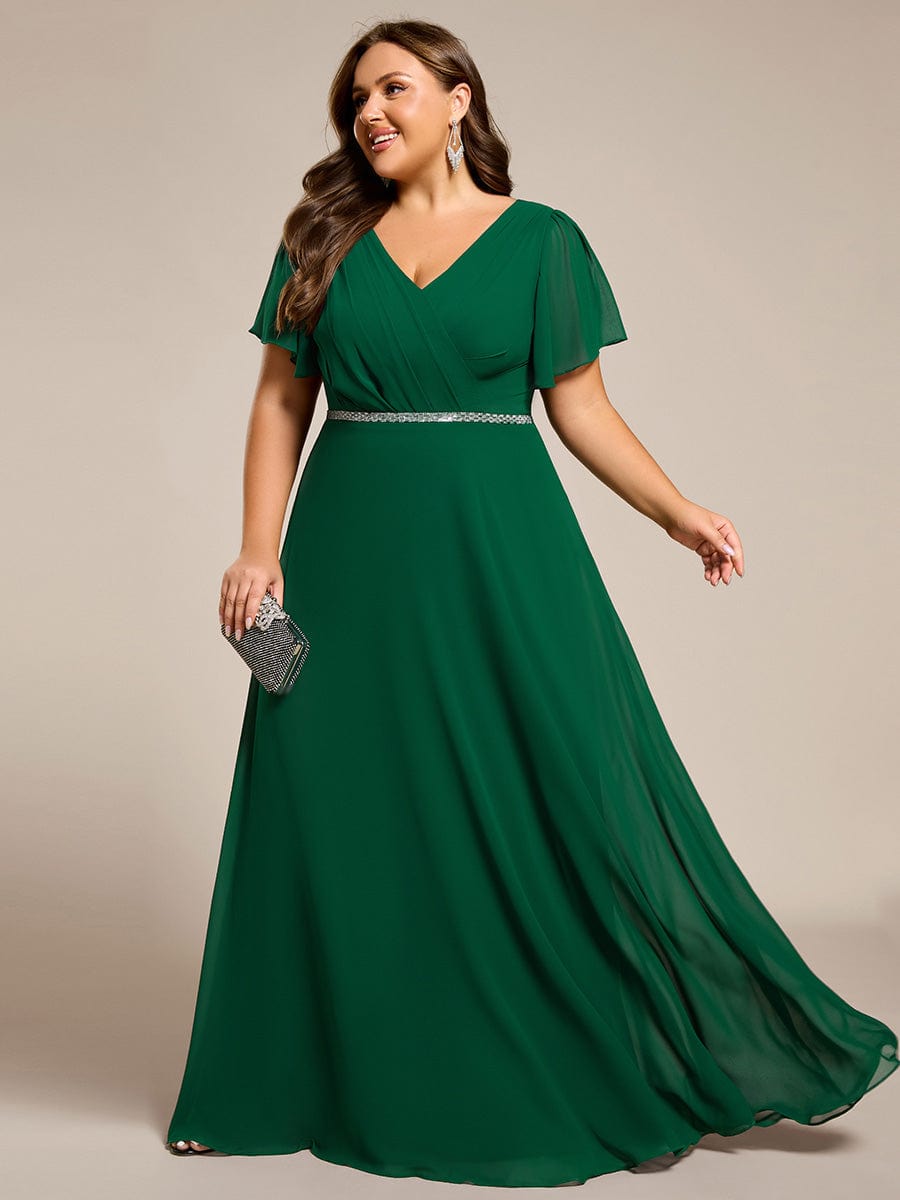 Pleated A-Line Chiffon Evening Dress with Short Sleeves and Sequin Waist #color_Dark Green