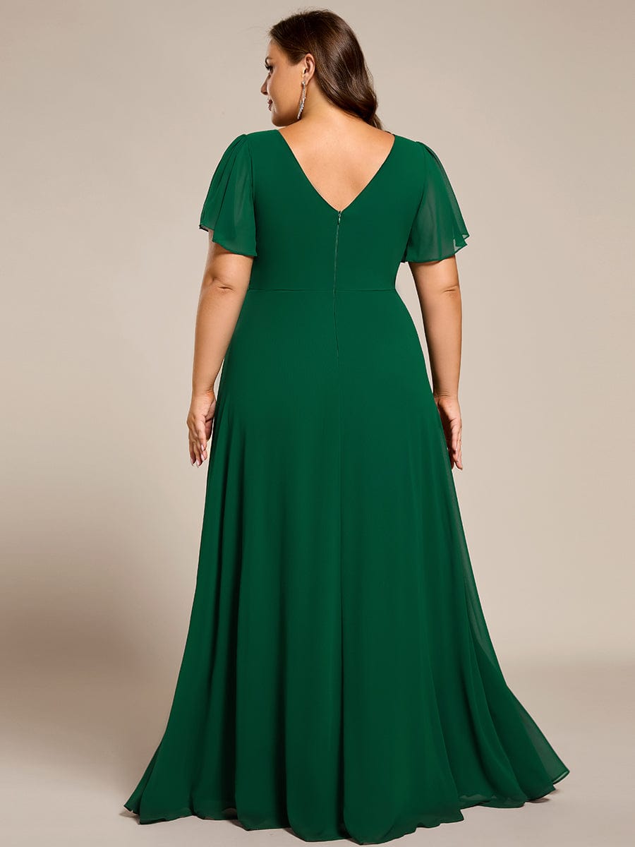 Pleated A-Line Chiffon Evening Dress with Short Sleeves and Sequin Waist #color_Dark Green