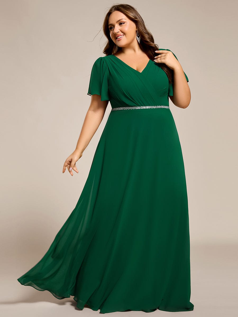 Pleated A-Line Chiffon Evening Dress with Short Sleeves and Sequin Waist #color_Dark Green