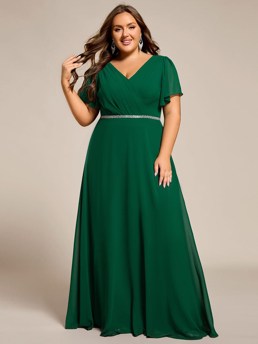 Pleated A-Line Chiffon Evening Dress with Short Sleeves and Sequin Waist #color_Dark Green