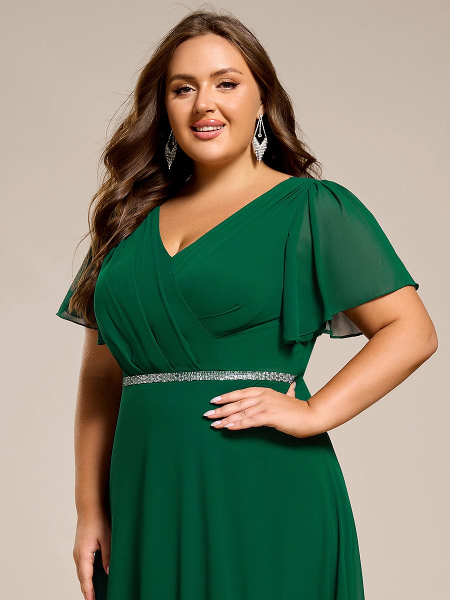 Pleated A-Line Chiffon Evening Dress with Short Sleeves and Sequin Waist #color_Dark Green