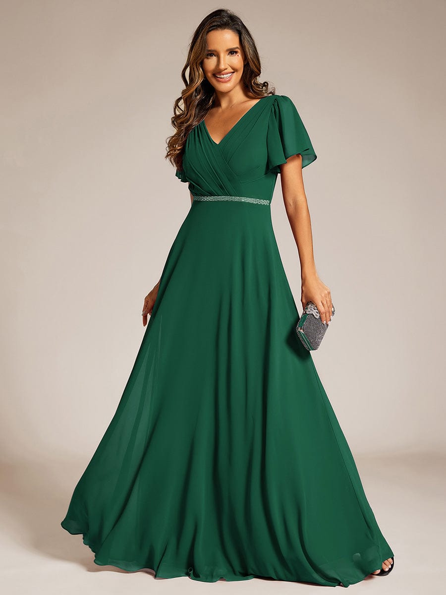 Pleated A-Line Chiffon Evening Dress with Short Sleeves and Sequin Waist #color_Dark Green