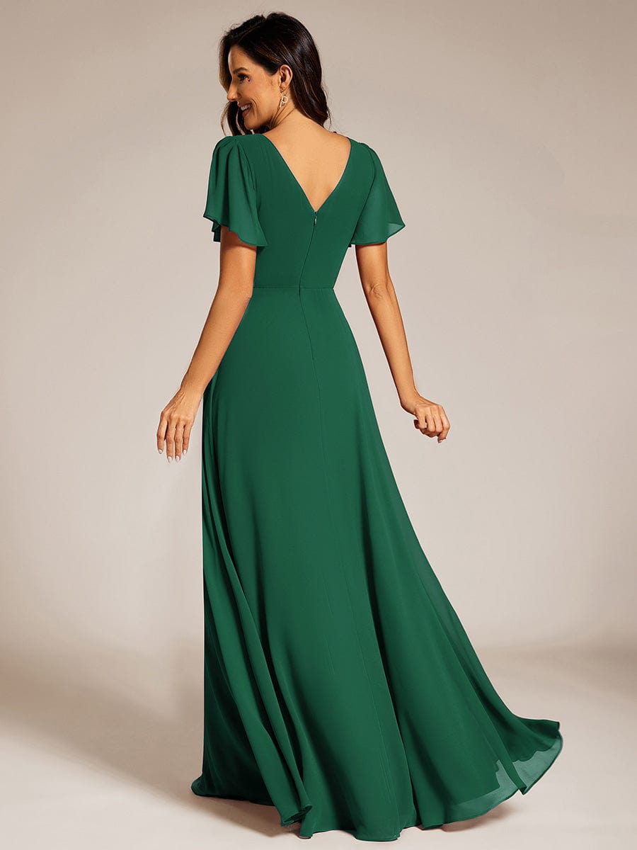 Pleated A-Line Chiffon Evening Dress with Short Sleeves and Sequin Waist #color_Dark Green