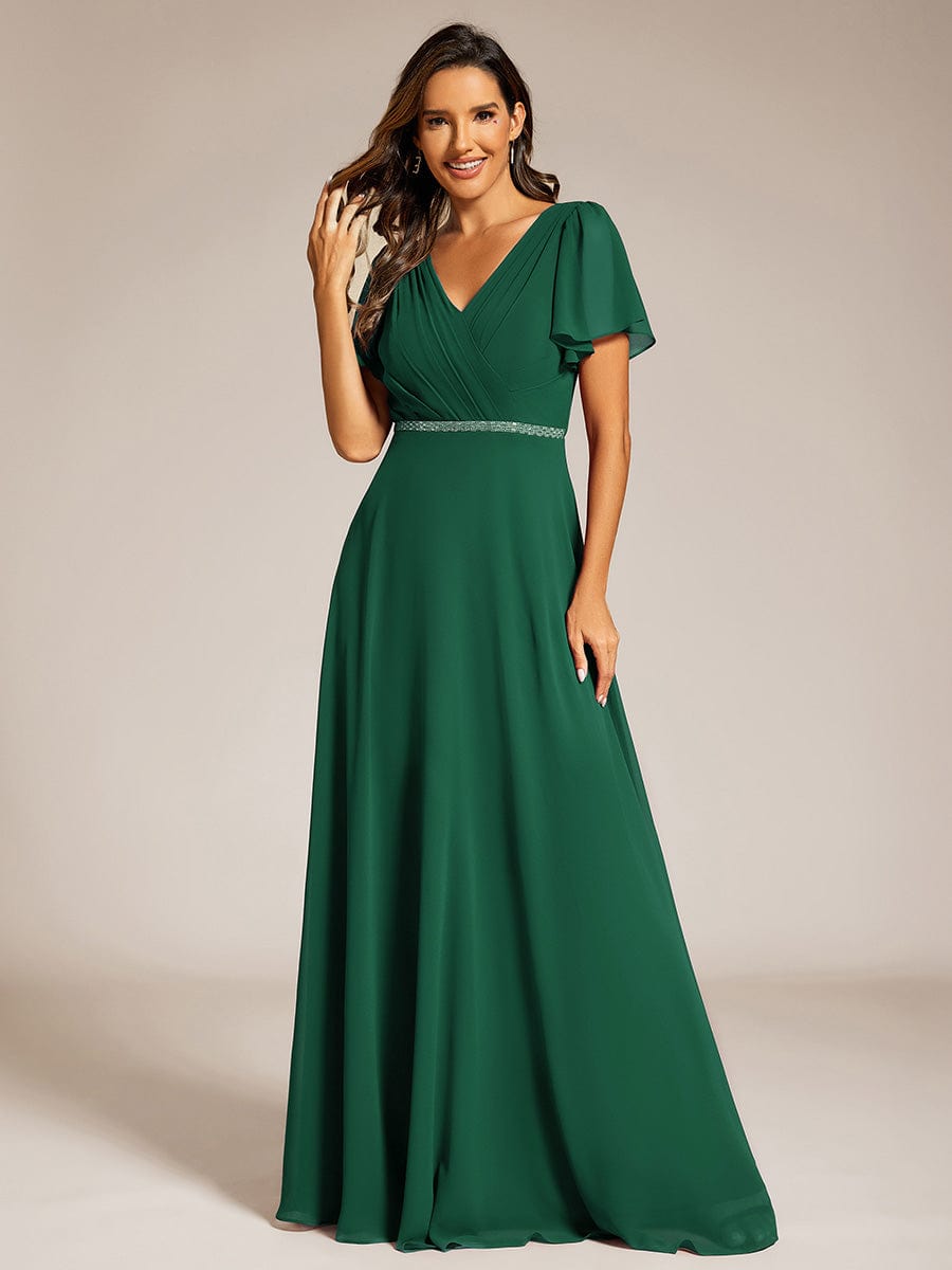 Pleated A-Line Chiffon Evening Dress with Short Sleeves and Sequin Waist #color_Dark Green