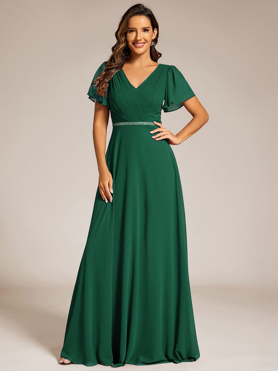 Pleated A-Line Chiffon Evening Dress with Short Sleeves and Sequin Waist #color_Dark Green