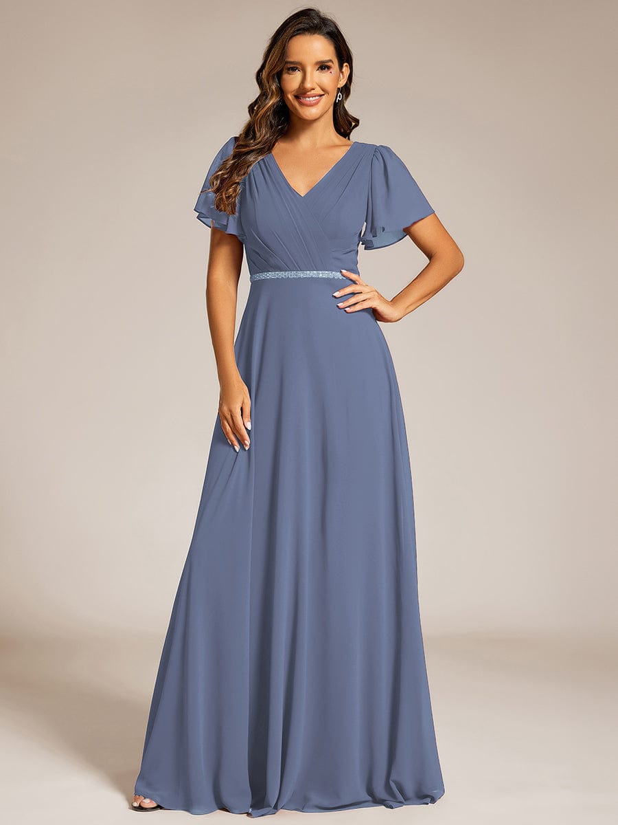 Pleated A-Line Chiffon Evening Dress with Short Sleeves and Sequin Waist #color_Dusty Navy