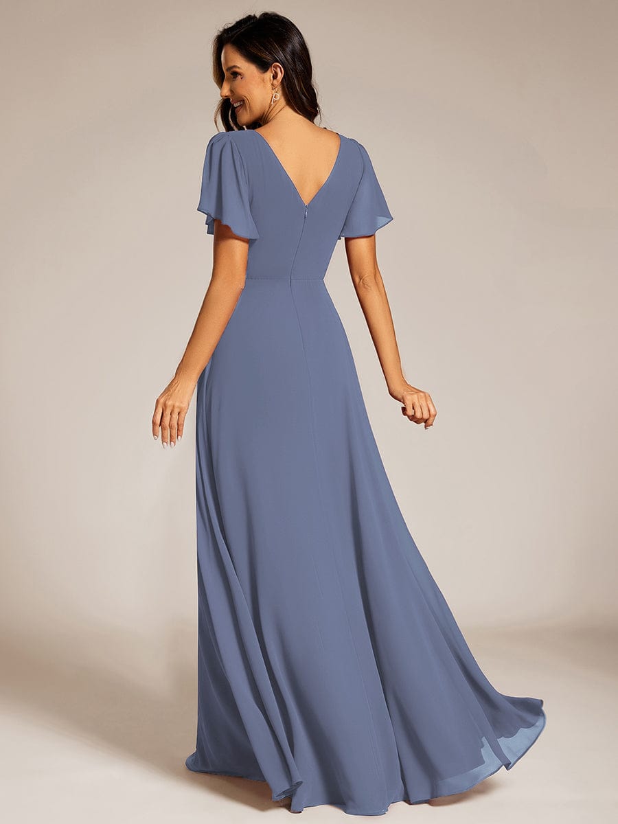 Pleated A-Line Chiffon Evening Dress with Short Sleeves and Sequin Waist #color_Dusty Blue