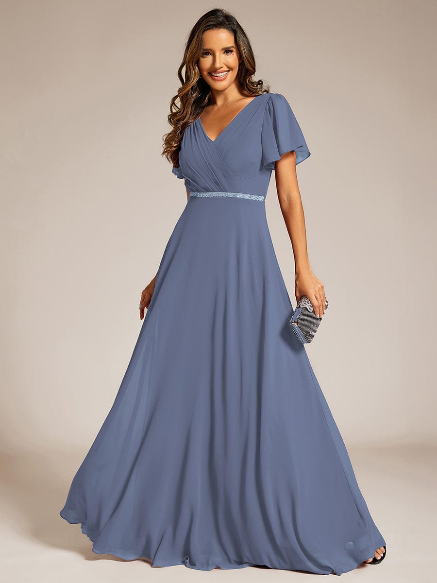 Pleated A-Line Chiffon Evening Dress with Short Sleeves and Sequin Waist #color_Dusty Navy