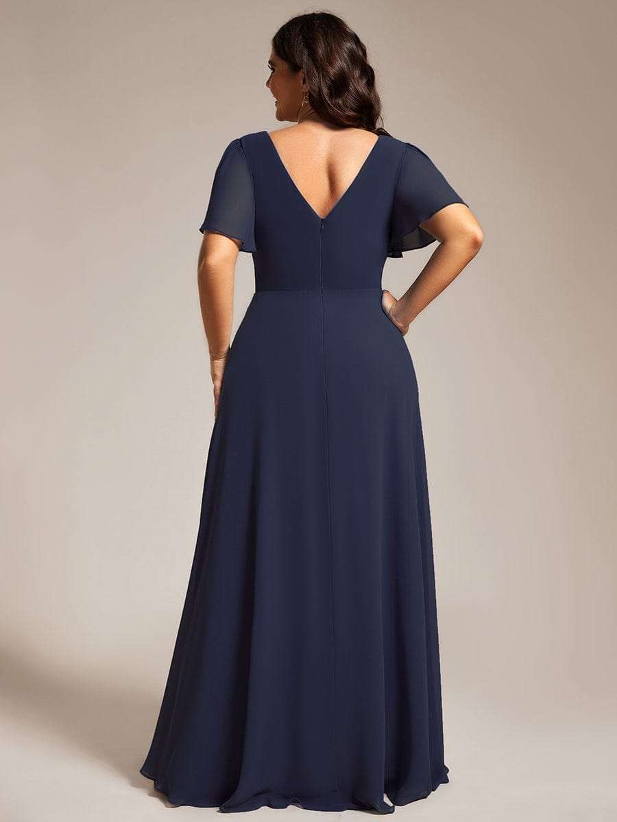 Pleated A-Line Chiffon Evening Dress with Short Sleeves and Sequin Waist #color_Navy Blue