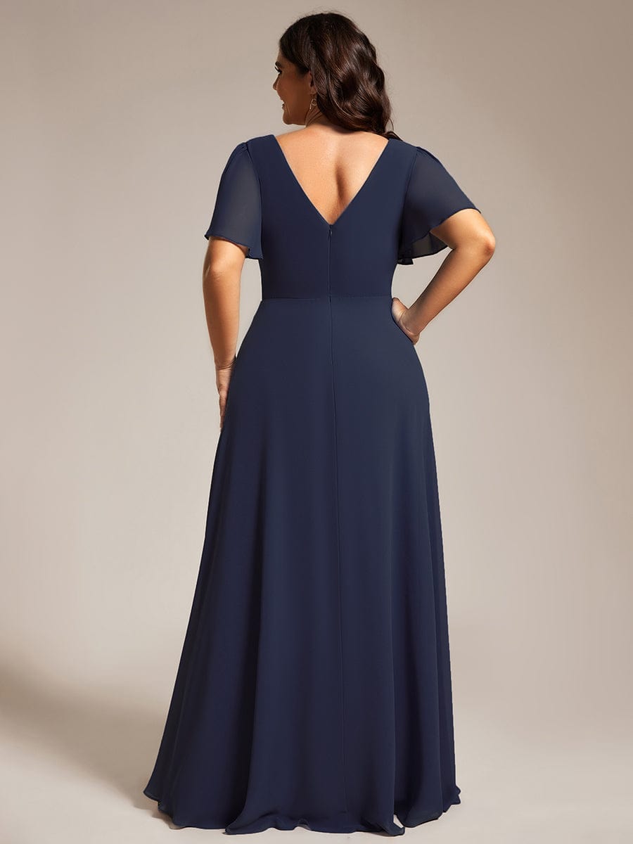 Plus Size Pleated A-Line Shiny Belt Chiffon Formal Evening Dress #color_Navy Blue