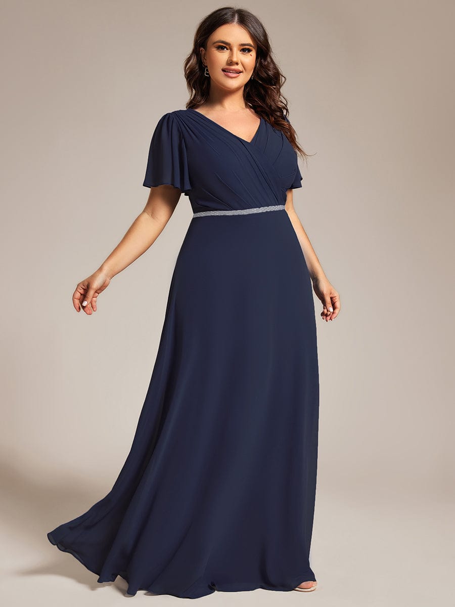 Plus Size Pleated A-Line Shiny Belt Chiffon Formal Evening Dress #color_Navy Blue