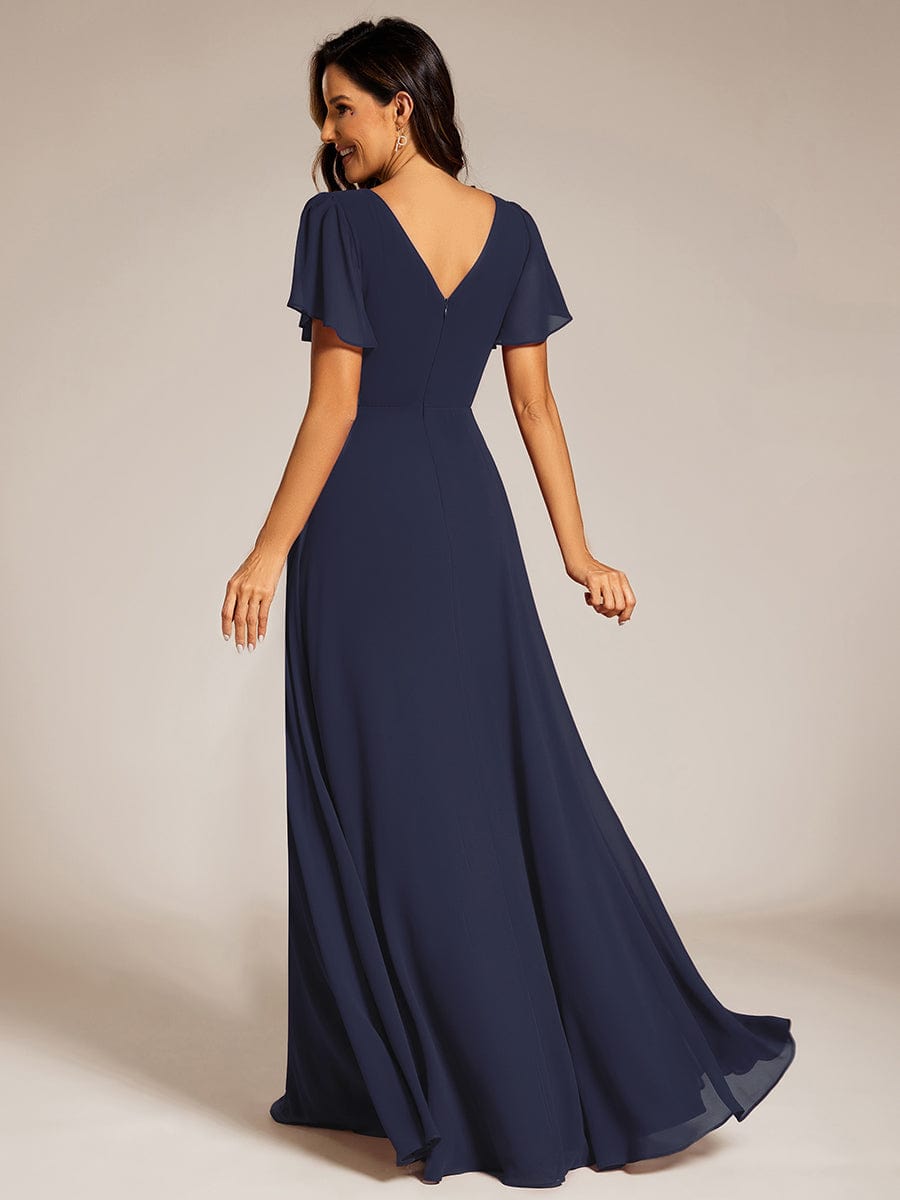 Pleated A-Line Chiffon Evening Dress with Short Sleeves and Sequin Waist #color_Navy Blue