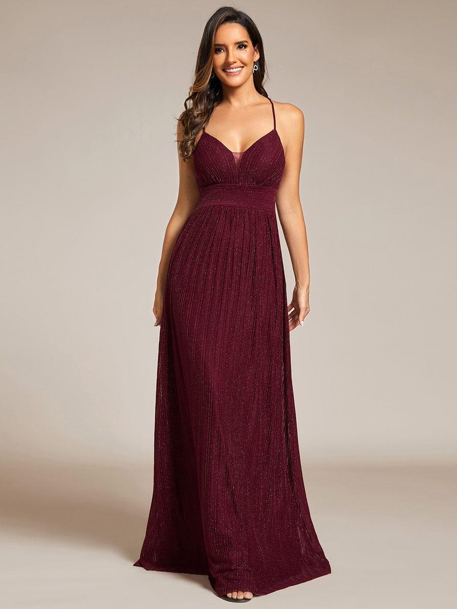 Sparkle Sleeveless Backless Formal Evening Dress with V-Neck #color_Burgundy