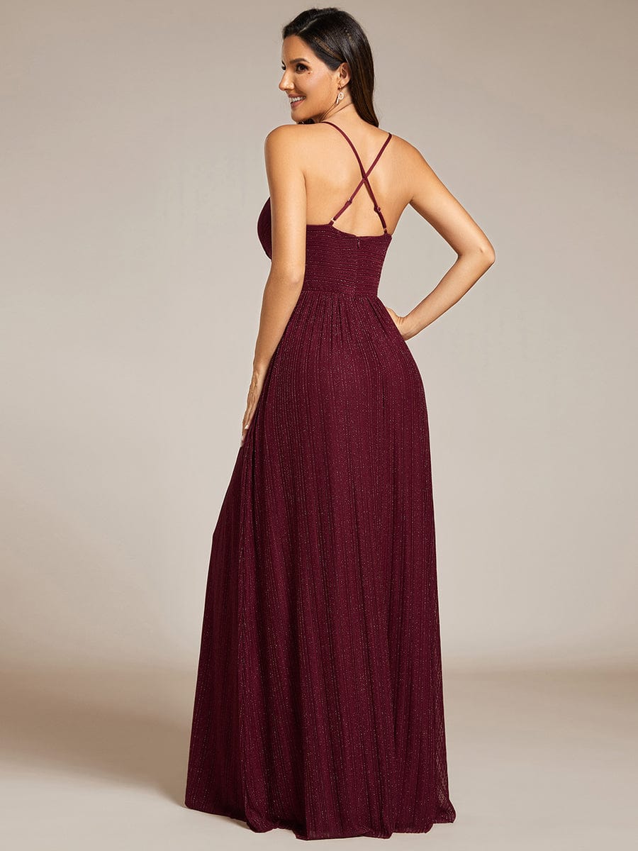 Sparkle Sleeveless Backless Formal Evening Dress with V-Neck #color_Burgundy