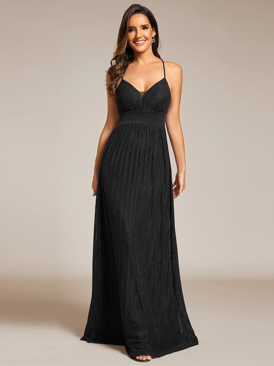 Sparkle Sleeveless Backless Formal Evening Dress with V-Neck #color_Black