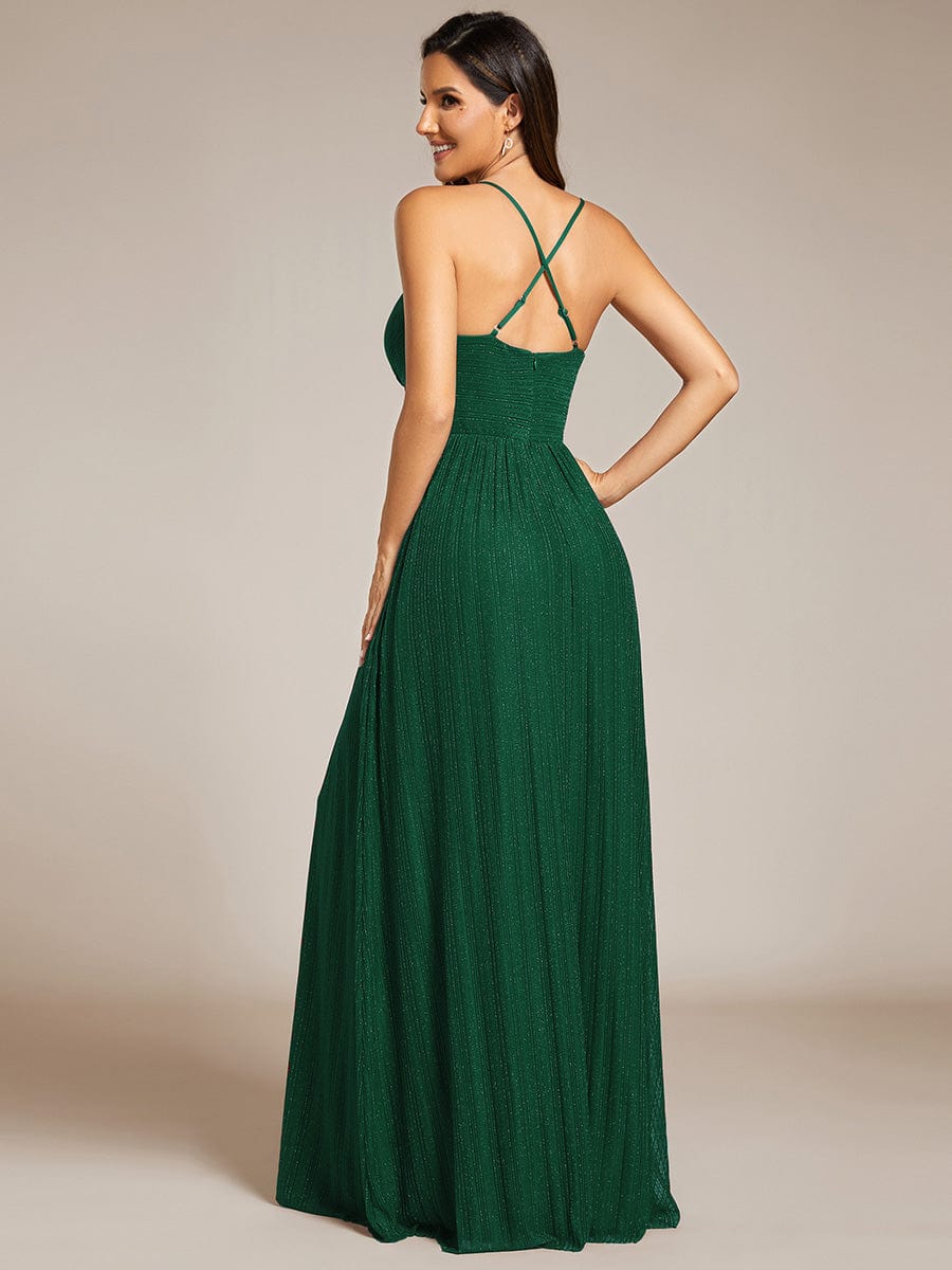 Sparkle Sleeveless Backless Formal Evening Dress with V-Neck #color_Dark Green