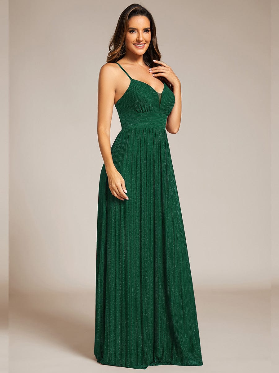 Sparkle Sleeveless Backless Formal Evening Dress with V-Neck #color_Dark Green