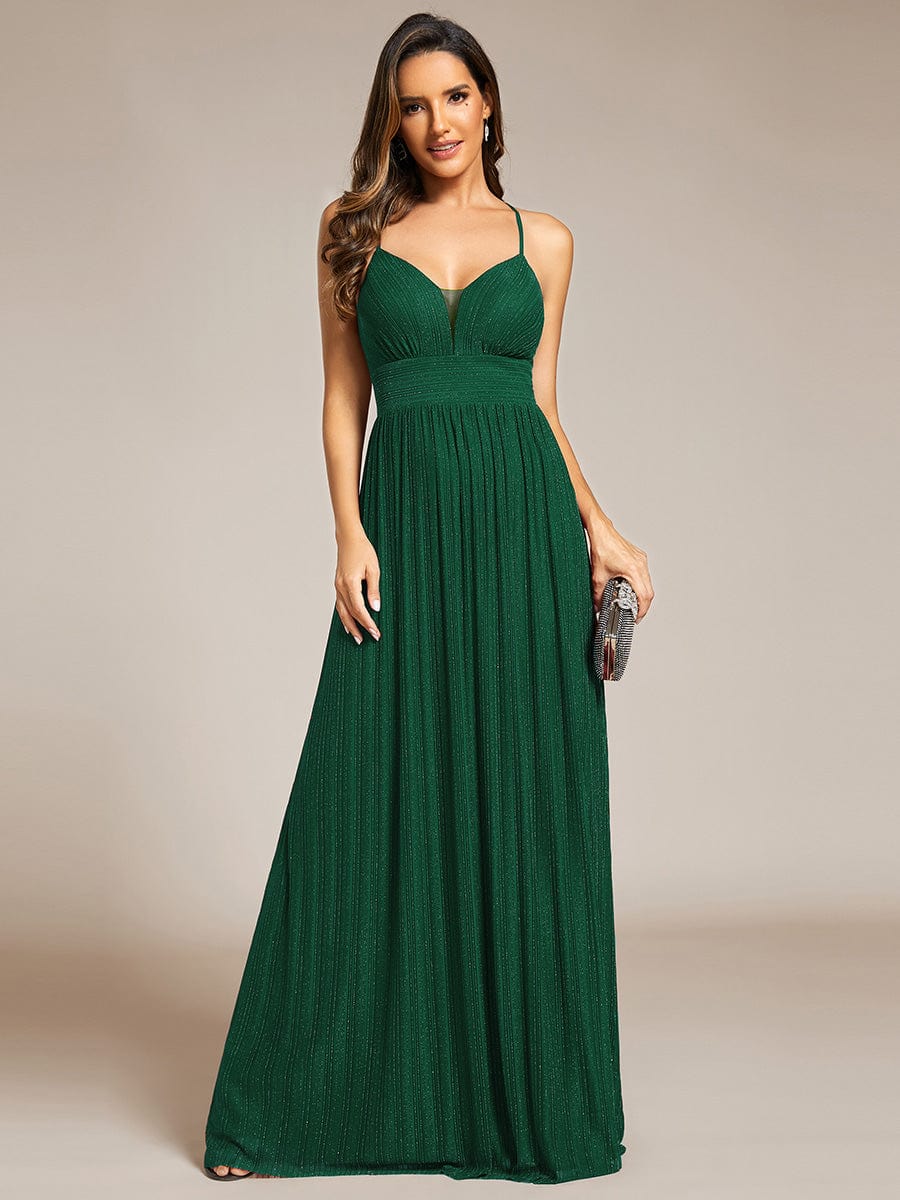 Sparkle Sleeveless Backless Formal Evening Dress with V-Neck #color_Dark Green