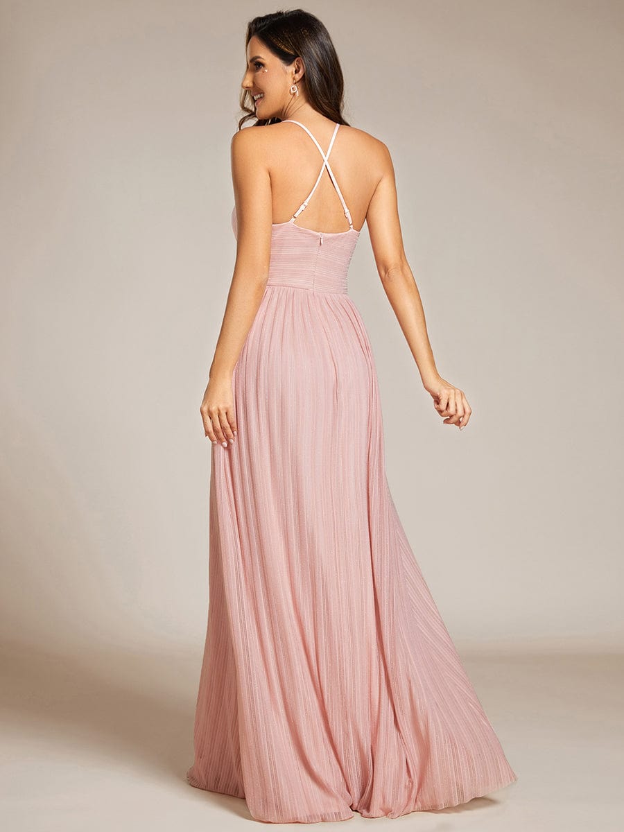 Sparkle Sleeveless Backless Formal Evening Dress with V-Neck #color_Pink