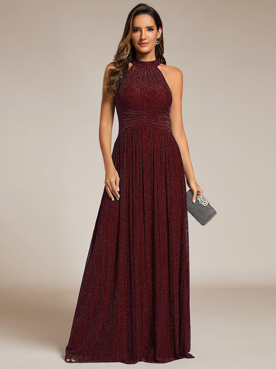 Halter Neck Pleated Glittery Formal Evening Dress with Empire Waist #color_Burgundy