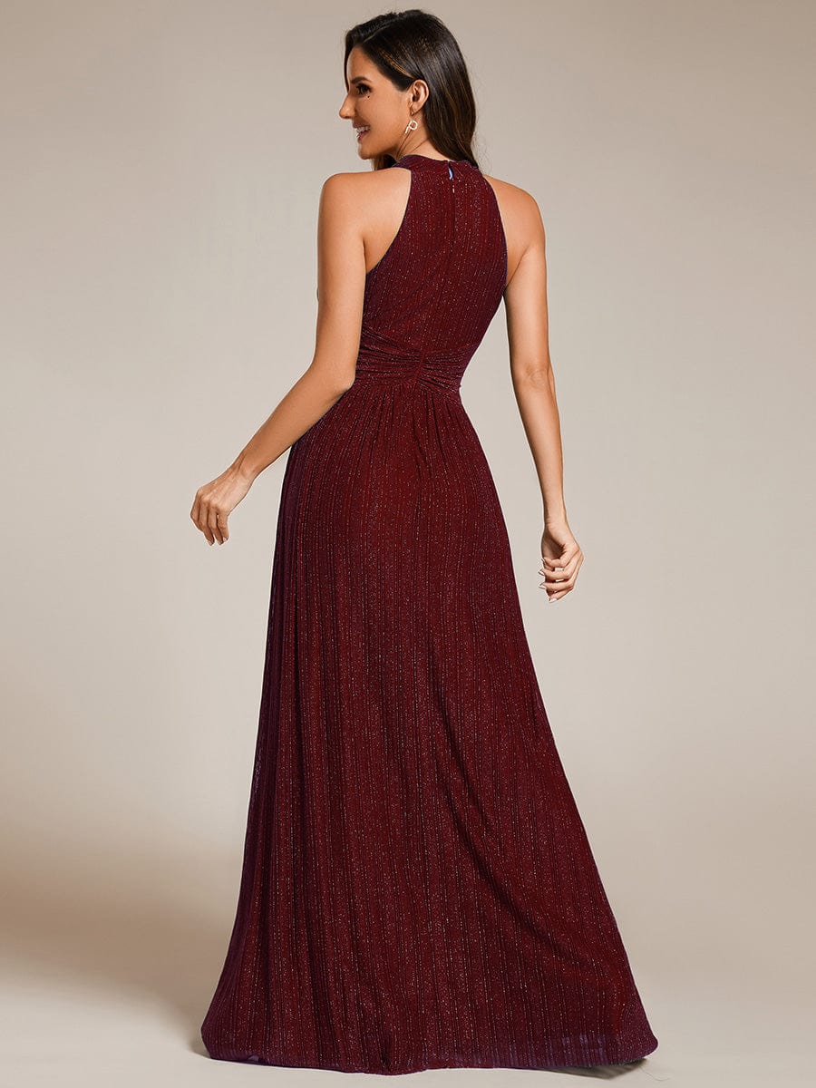 Halter Neck Pleated Glittery Formal Evening Dress with Empire Waist #color_Burgundy