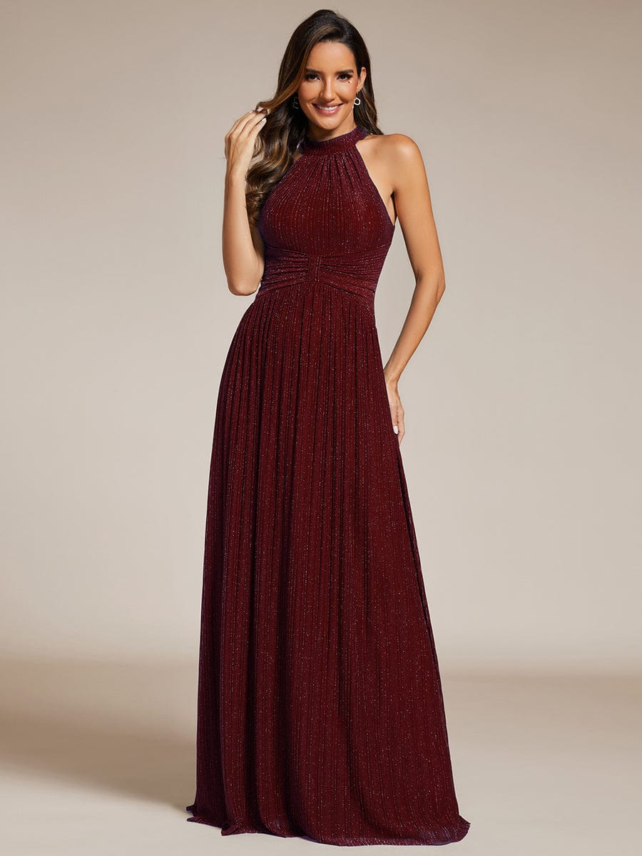 Halter Neck Pleated Glittery Formal Evening Dress with Empire Waist #color_Burgundy