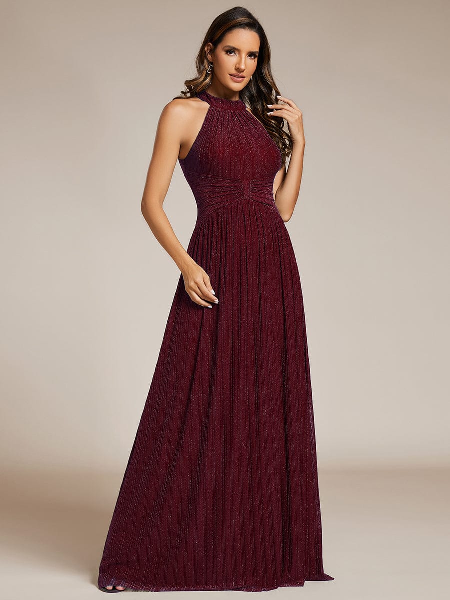 Halter Neck Pleated Glittery Formal Evening Dress with Empire Waist #color_Burgundy