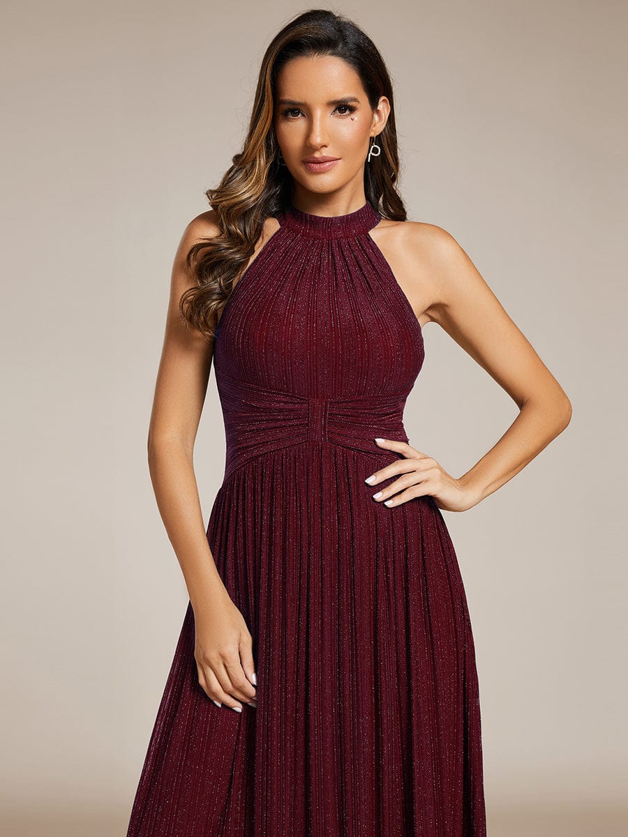 Halter Neck Pleated Glittery Formal Evening Dress with Empire Waist #color_Burgundy