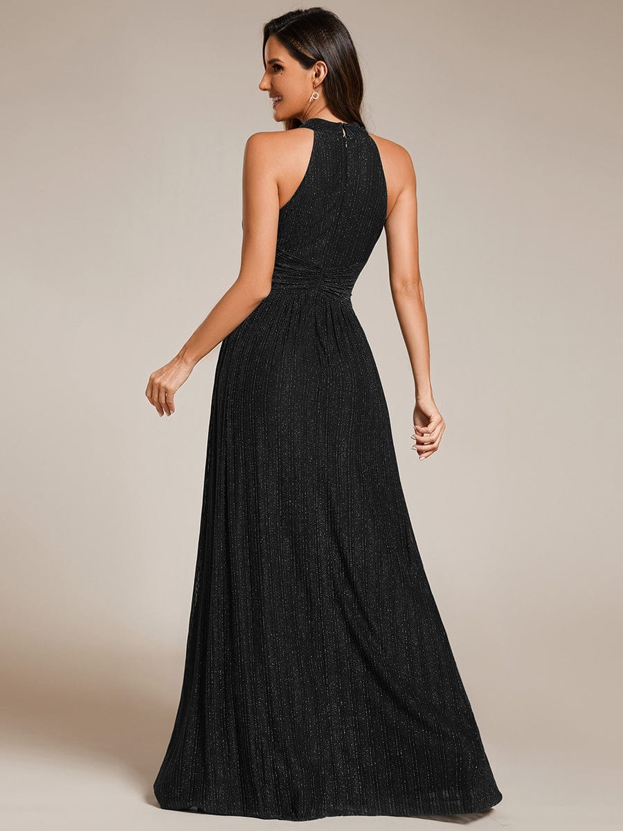 Halter Neck Pleated Glittery Formal Evening Dress with Empire Waist #color_Black