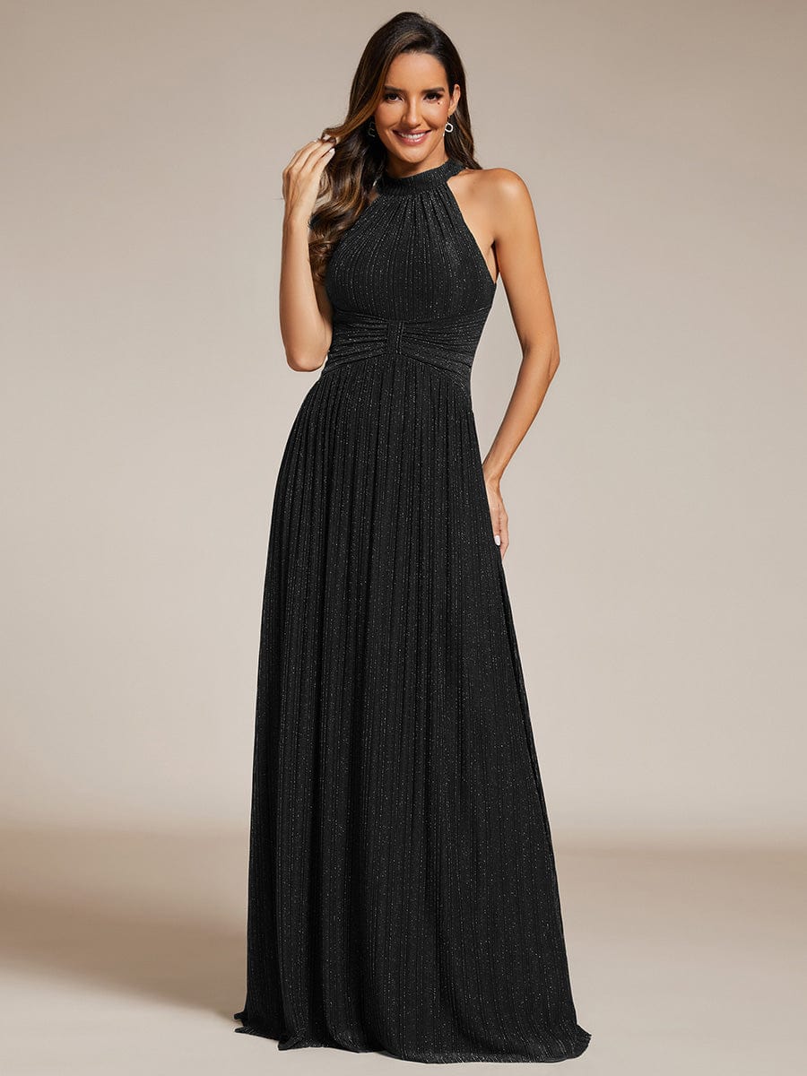Halter Neck Pleated Glittery Formal Evening Dress with Empire Waist #color_Black