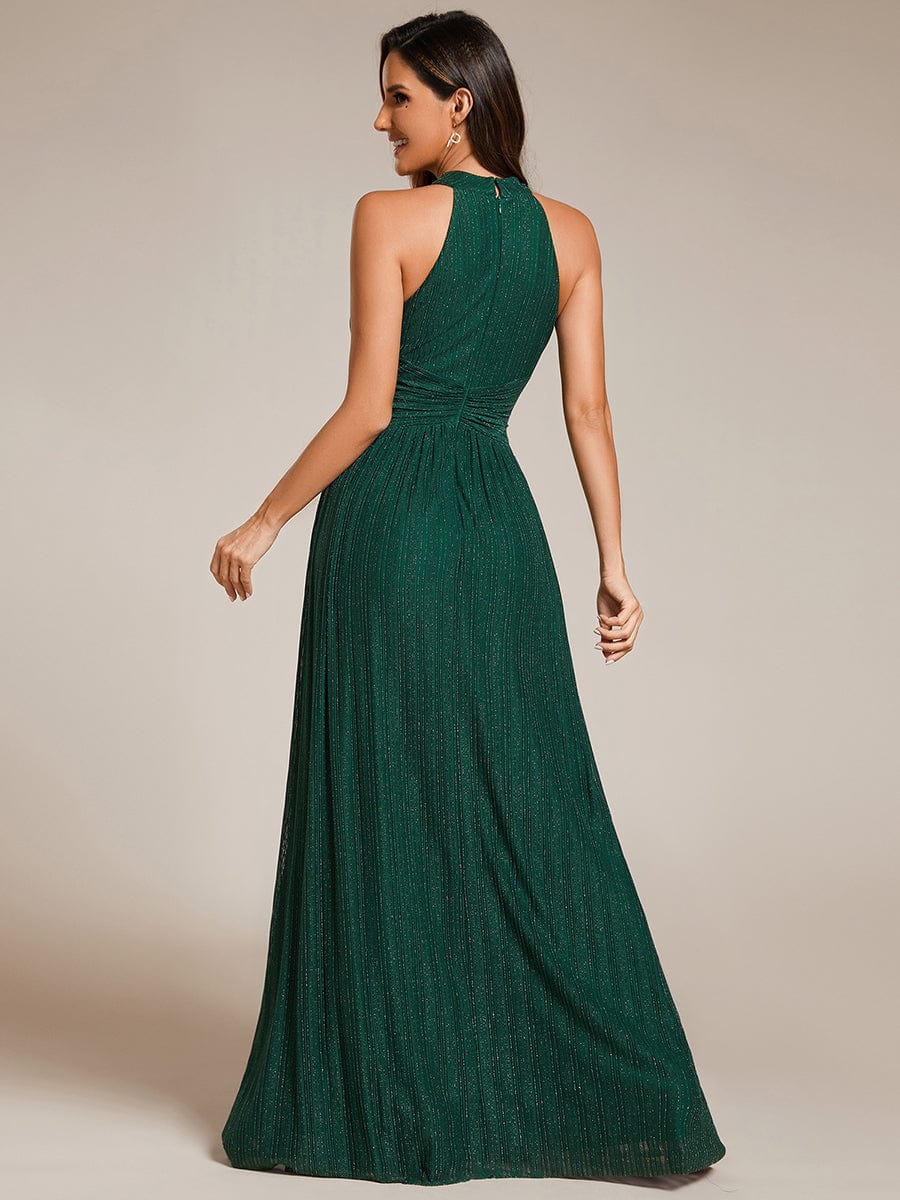 Halter Neck Pleated Glittery Formal Evening Dress with Empire Waist #color_Dark Green