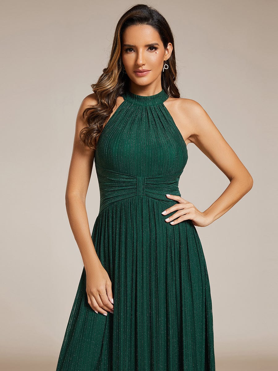 Halter Neck Pleated Glittery Formal Evening Dress with Empire Waist #color_Dark Green