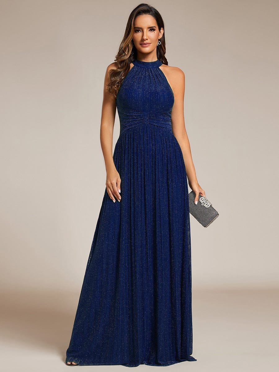 Halter Neck Pleated Glittery Formal Evening Dress with Empire Waist #color_Navy Blue