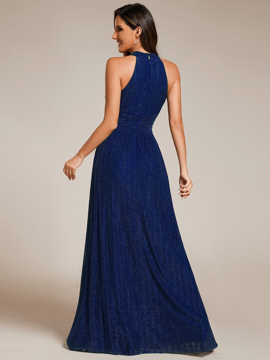 Halter Neck Pleated Glittery Formal Evening Dress with Empire Waist #color_Navy Blue