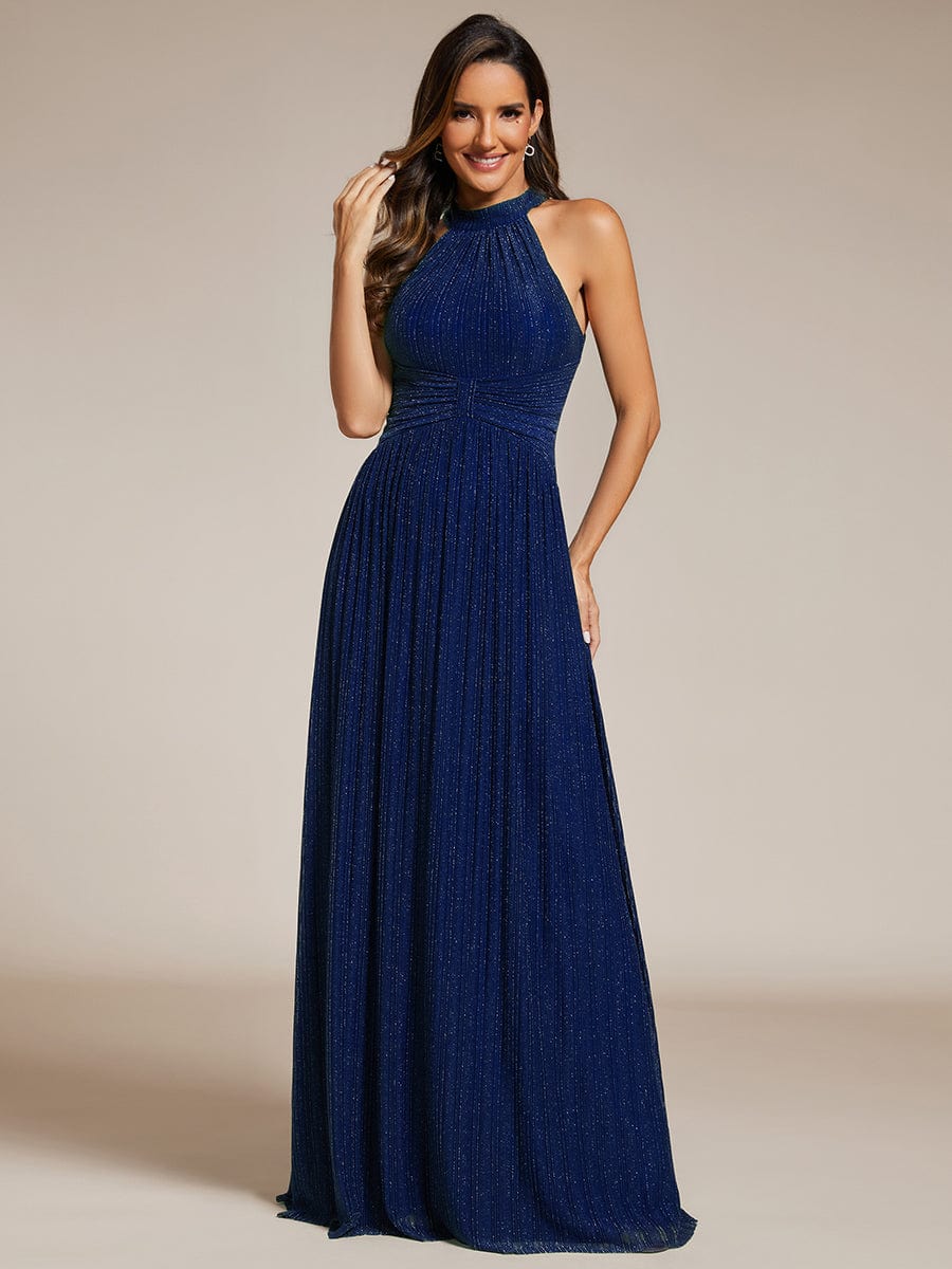 Halter Neck Pleated Glittery Formal Evening Dress with Empire Waist #color_Navy Blue