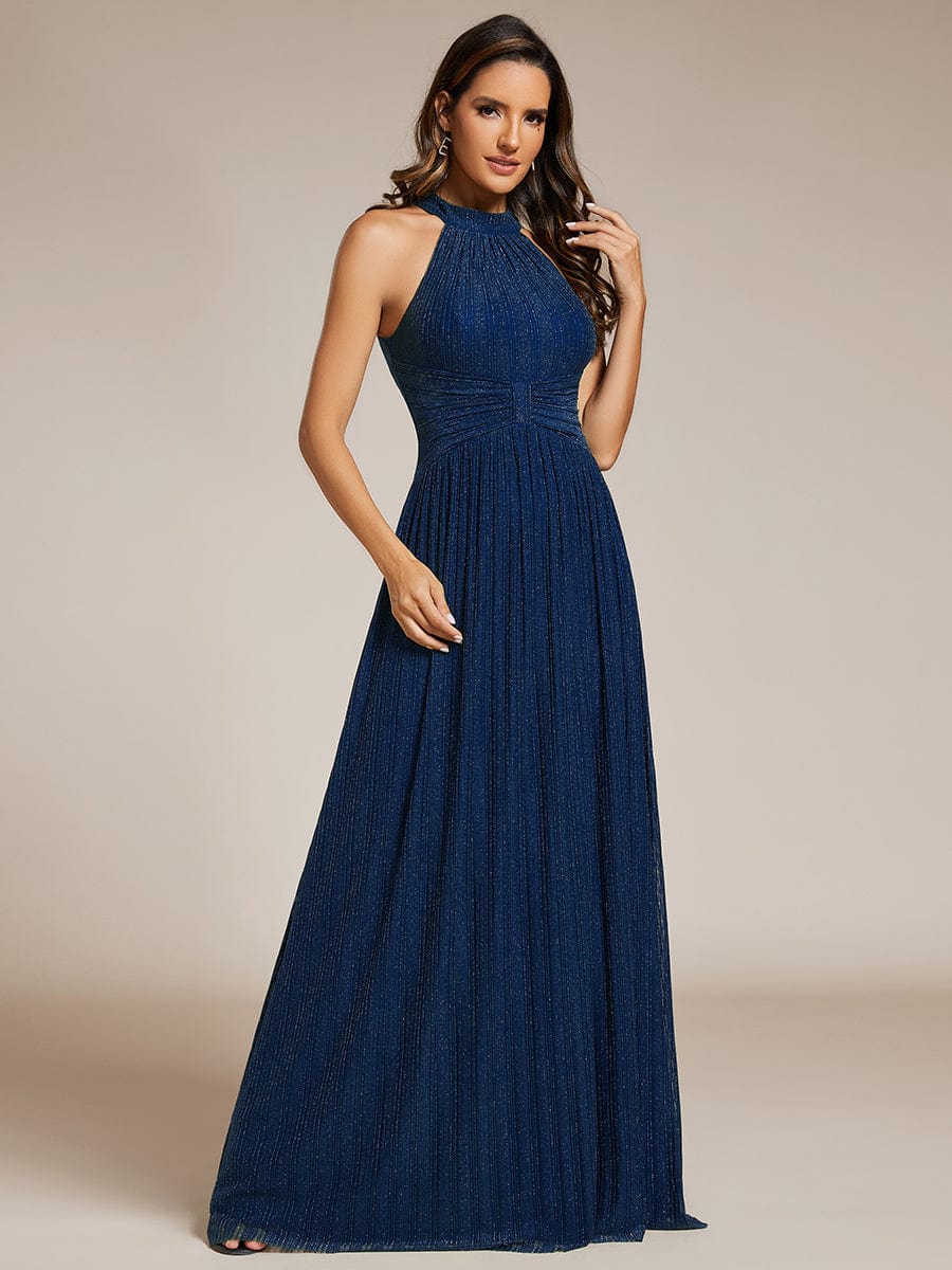 Halter Neck Pleated Glittery Formal Evening Dress with Empire Waist #color_Navy Blue