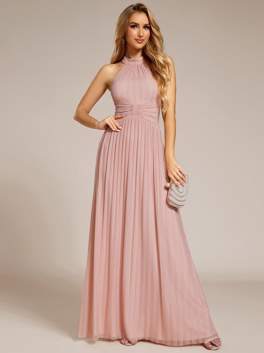Halter Neck Pleated Glittery Formal Evening Dress with Empire Waist #color_Pink