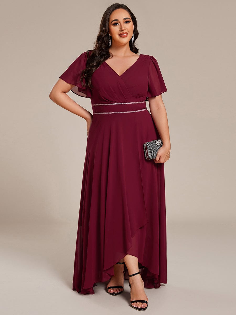 Double V-Neck Waist Trimmed Chiffon Mother of the Bride Dress #color_Burgundy