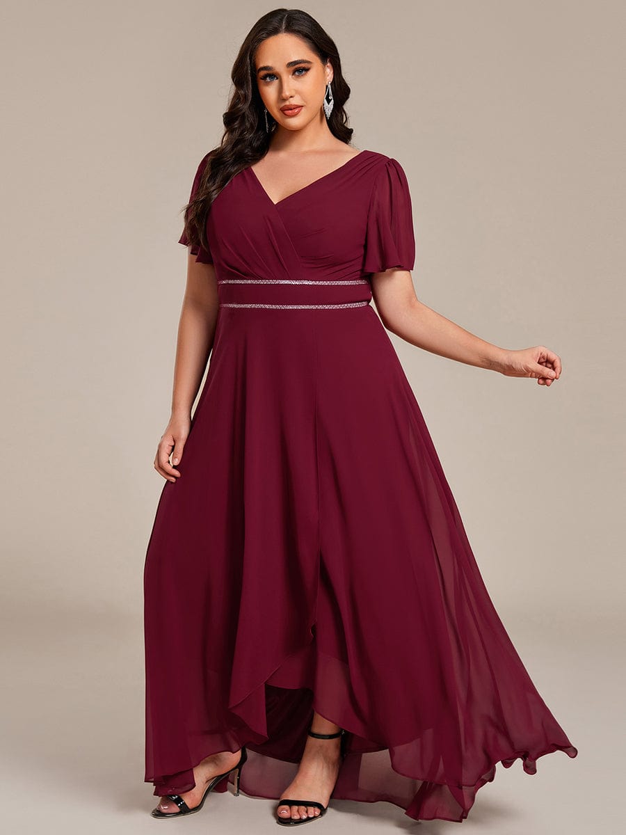 Double V-Neck Waist Trimmed Chiffon Mother of the Bride Dress #color_Burgundy