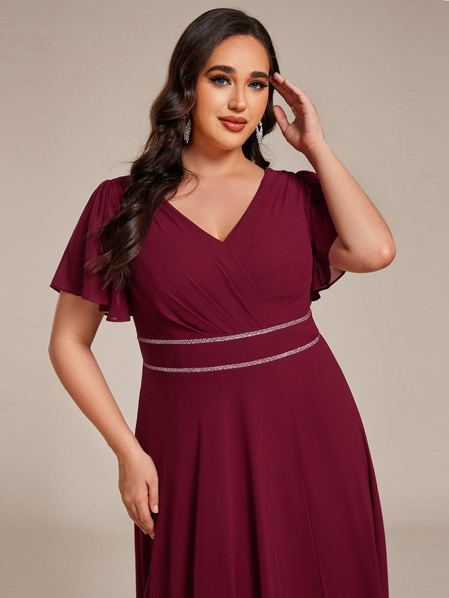 Plus Size V-Neck Rhinestone Waist Chiffon Maxi Formal Evening Dress #color_Burgundy